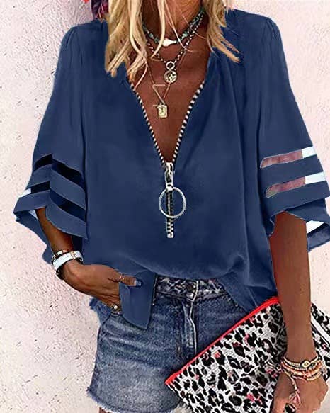 V-Neck Zipper Half Horn Sleeve Mesh Loose Shirt