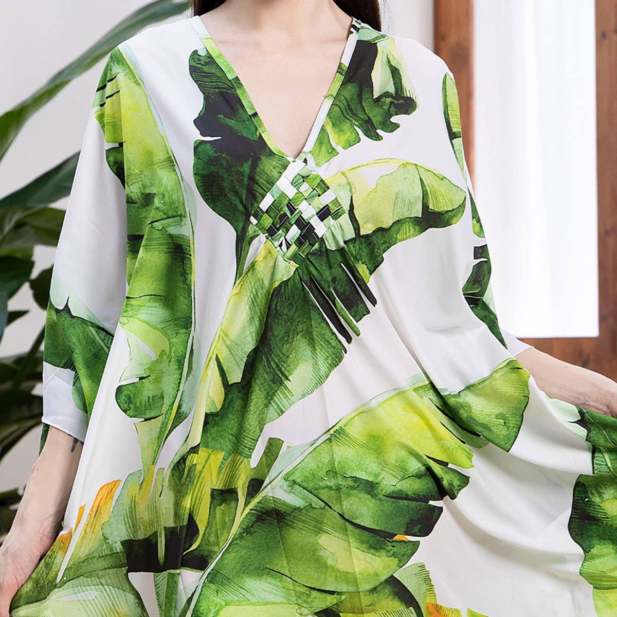 BANANA LEAF CROCHET FRONT BEACH COVER UP ROBE_CWMM6207