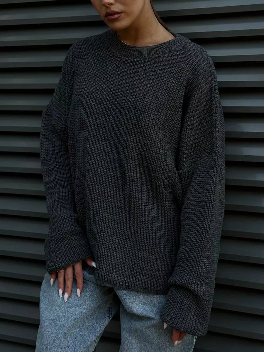 Solid Color Crew Neck Loose Knit Sweater