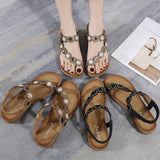 Women Bohemia Bling Rhinestone Pearl Flat Sandals