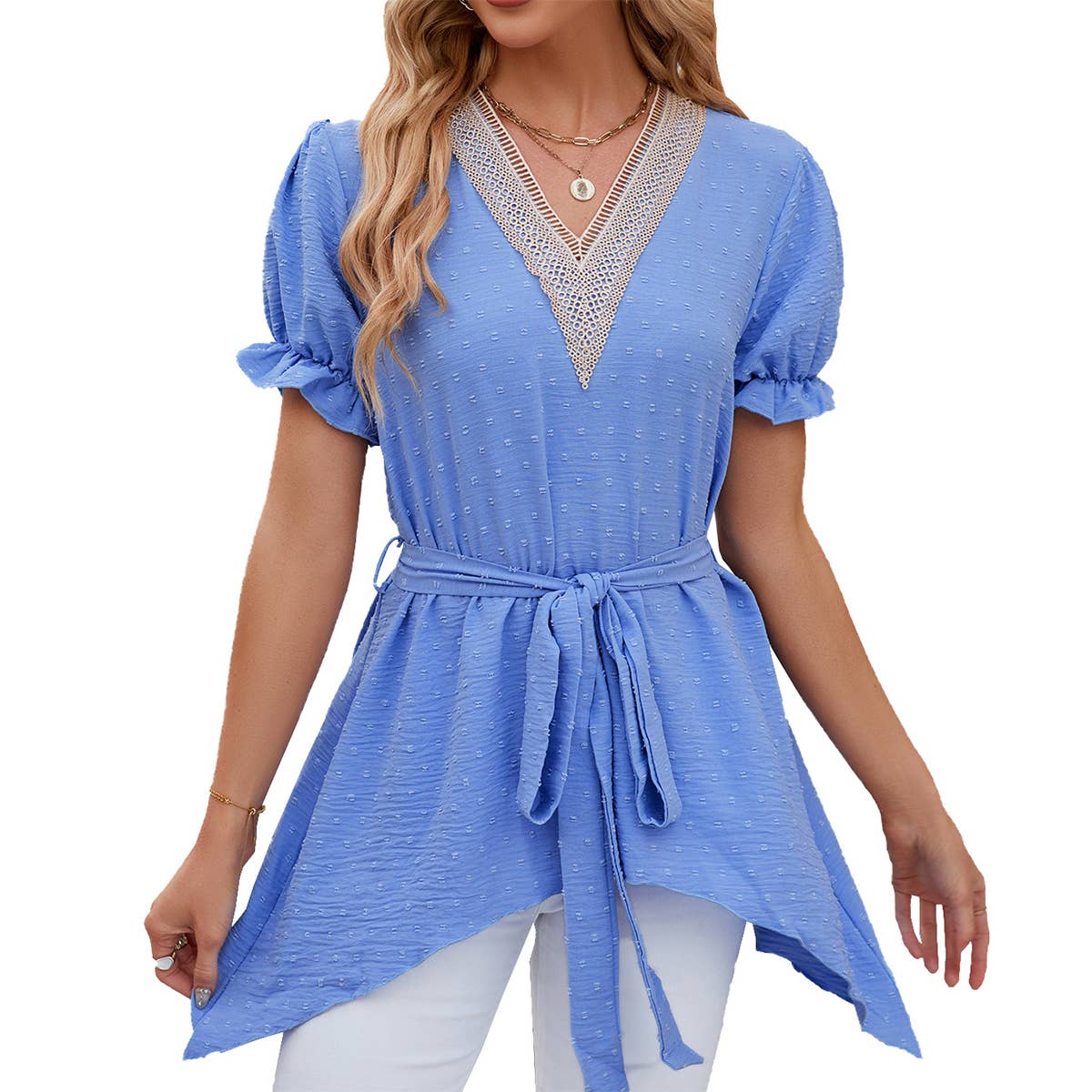 V-Neck Lace Jacquard Lace Up Short Sleeved Dress