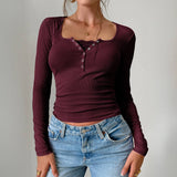 Y2K Slim Trim Lace Button U Neck Ribbed Top