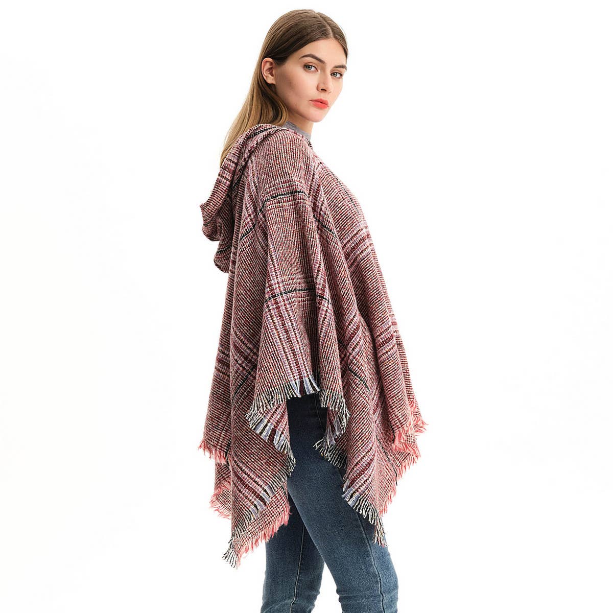 CIRCLE YARN FUR LARGE PLAID HOODED CAPE SHAWL_CWASC1211