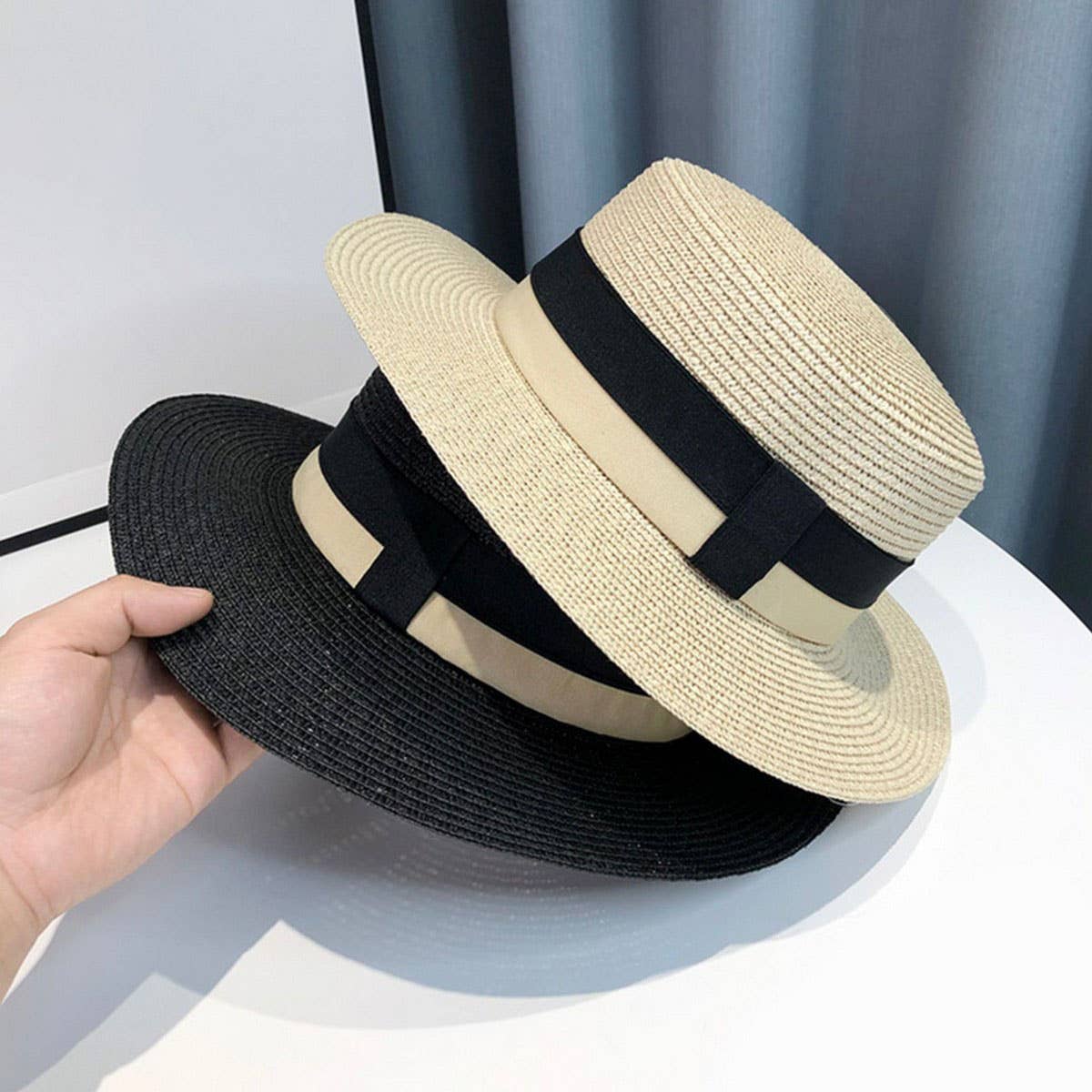RETRO FLAT HAT SUNSHADE ELEGANT STRAW HAT_CWAH3398