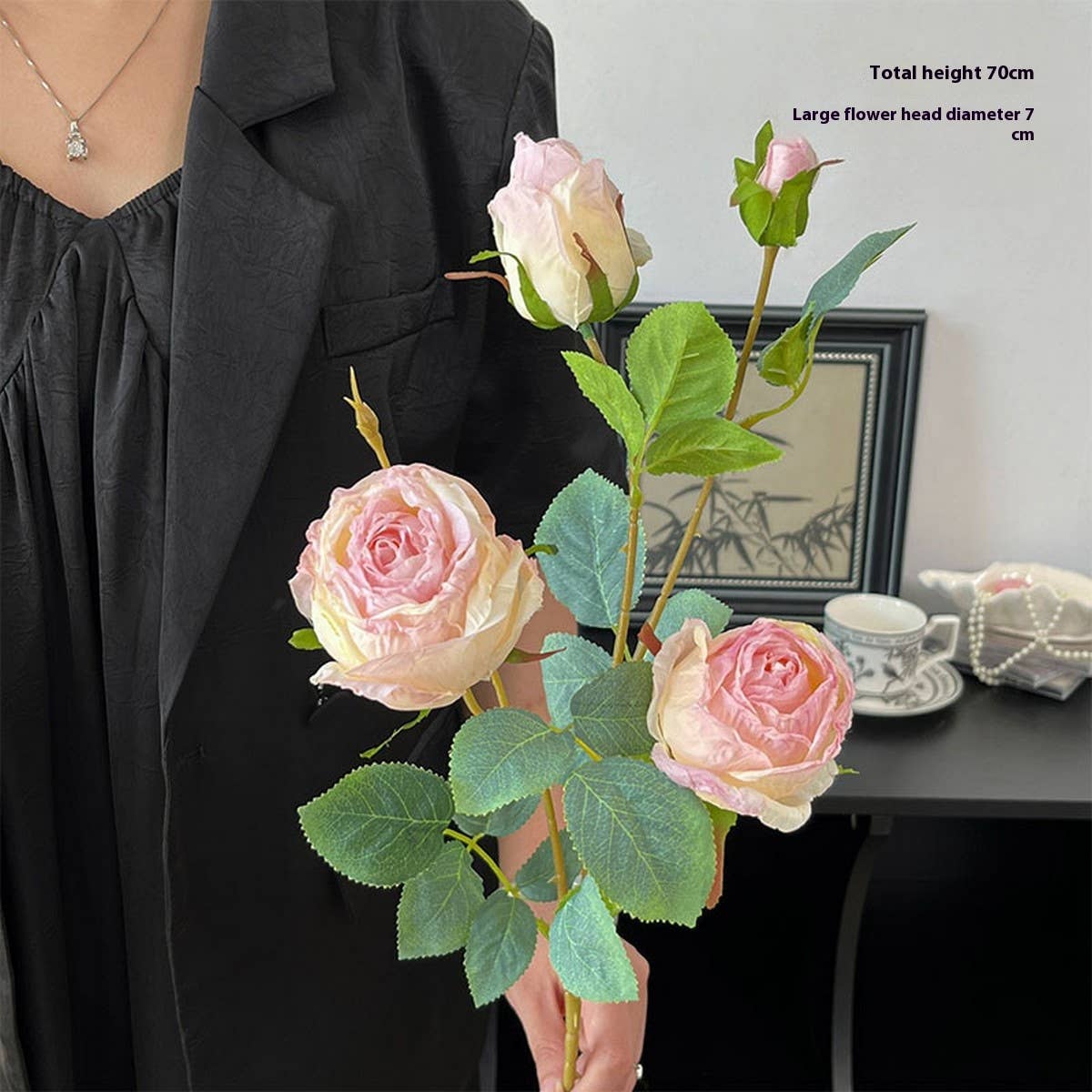 SINGLE STEM 4 HEAD COUNTRY STYLE BURNT EDGE ROSES_CWMM6473