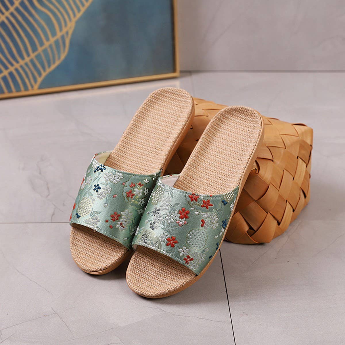 EMBROIDERED LINEN SLIPPERS FOR COUPLES_CWSHF0195