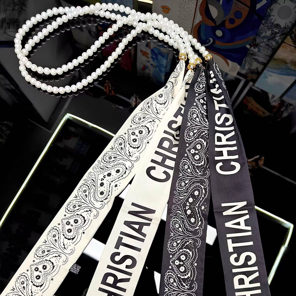Black White Pearl Silk Scarf Belt_Cwasc04002