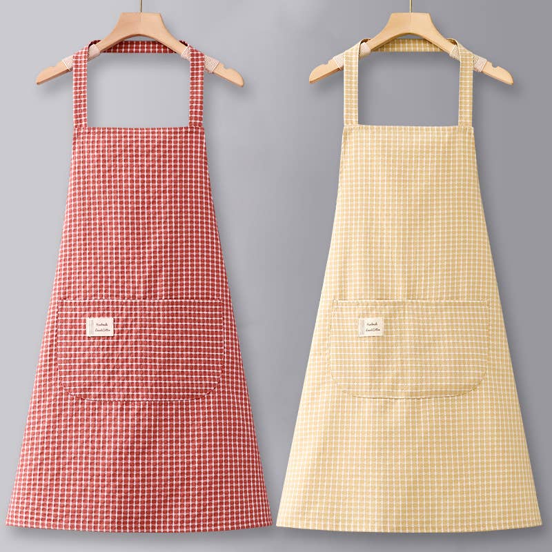Cotton Striped Grid Kitchen Apron With Pocket_Cwmm10095