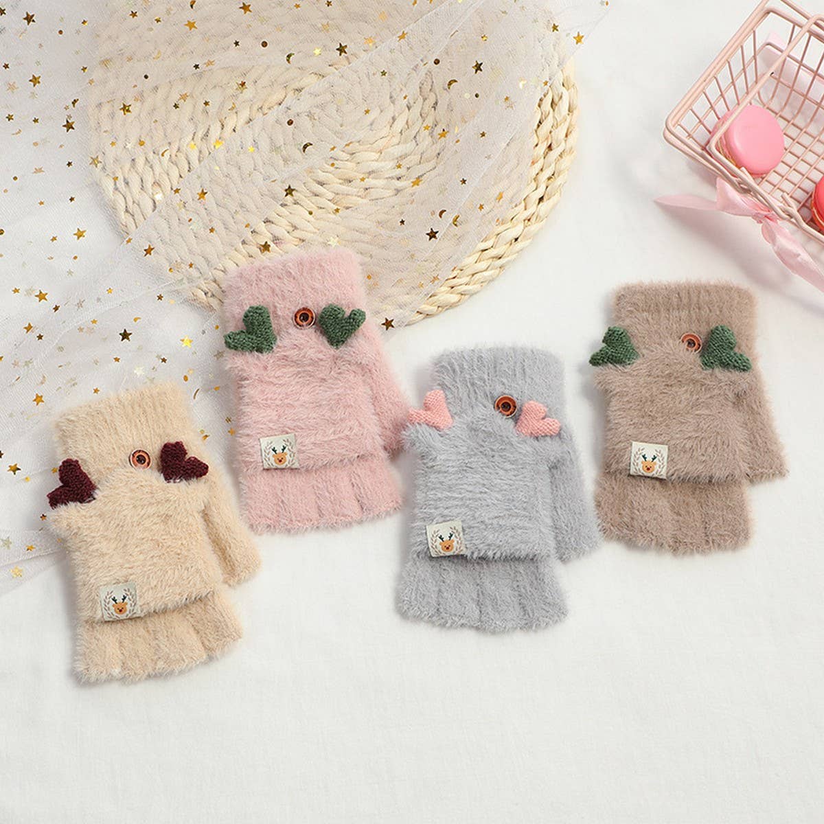 CUTE ELK ANTLER WARM HALF FINGER FLAP GLOVES_CWAG0160