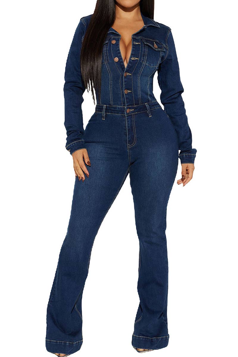 Wash Long Sleeve Denim Romper Jumpsuit