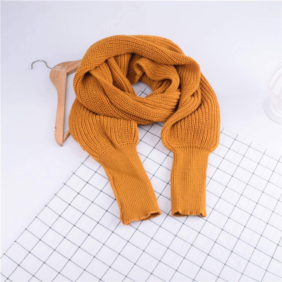Cwasc1794_Elongated Solid Color Knitted Scarf With Sleeves