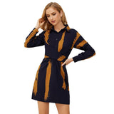 Striped Lapel Long Sleeve Slim Fit Waist Dress
