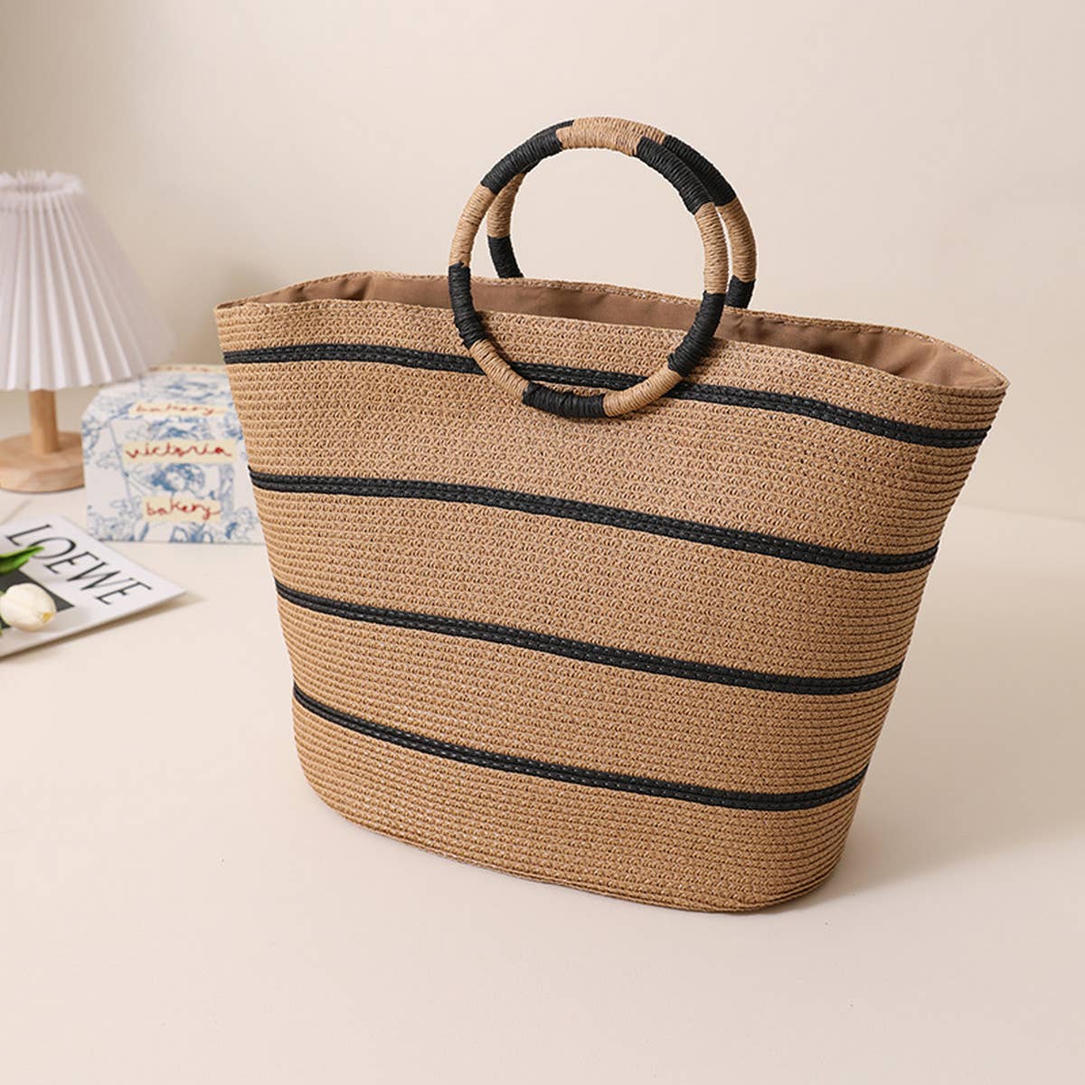 NEW STRIPED TOTE STRAW BAG WOVEN BAG_CWAB1889