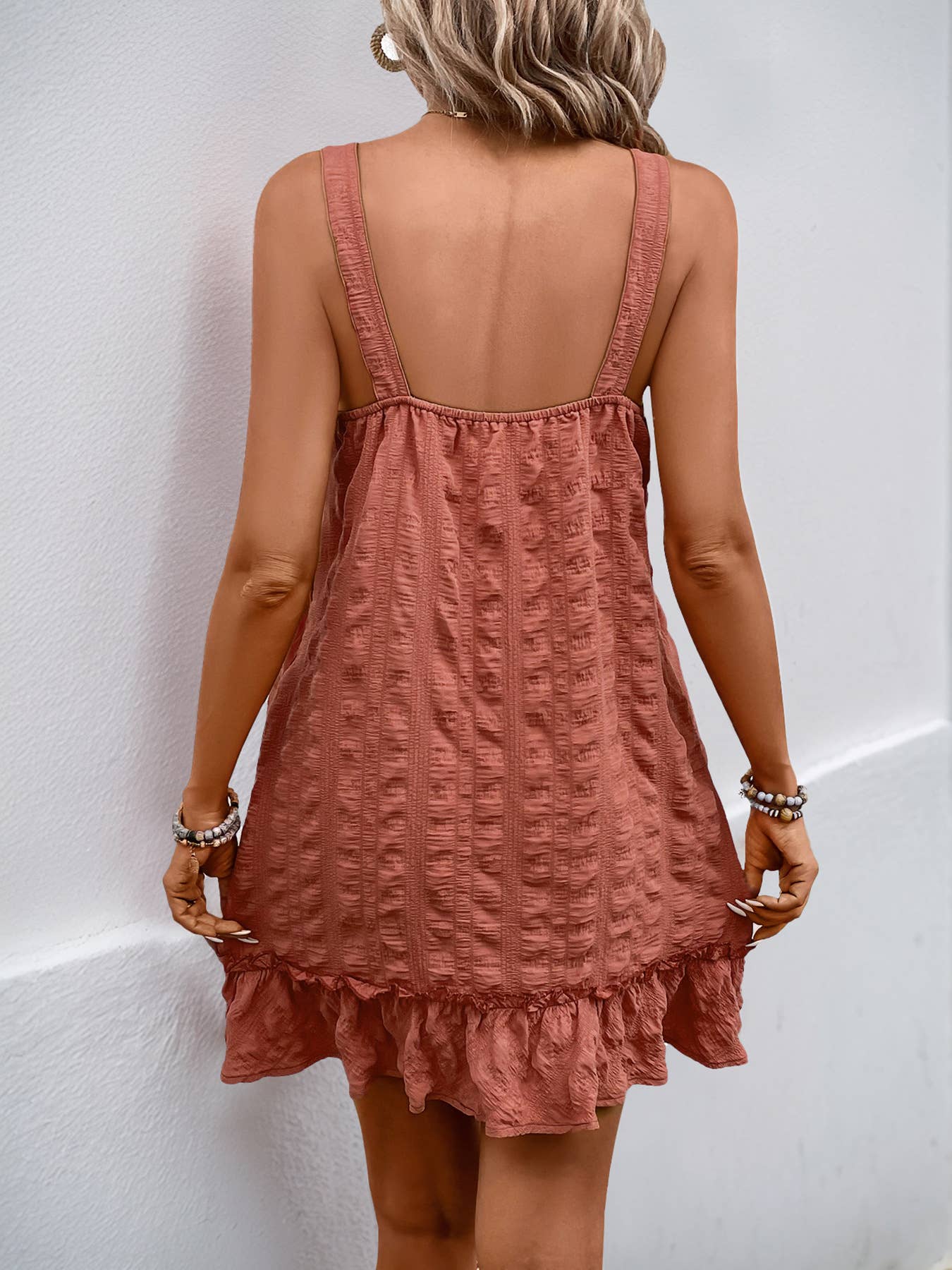 Solid Color Texture Pleated Ruffled Short Dress