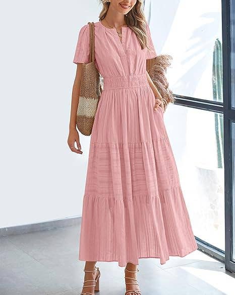 V-Neck Pleated Puffy Sleeve Short Sleeved Dress