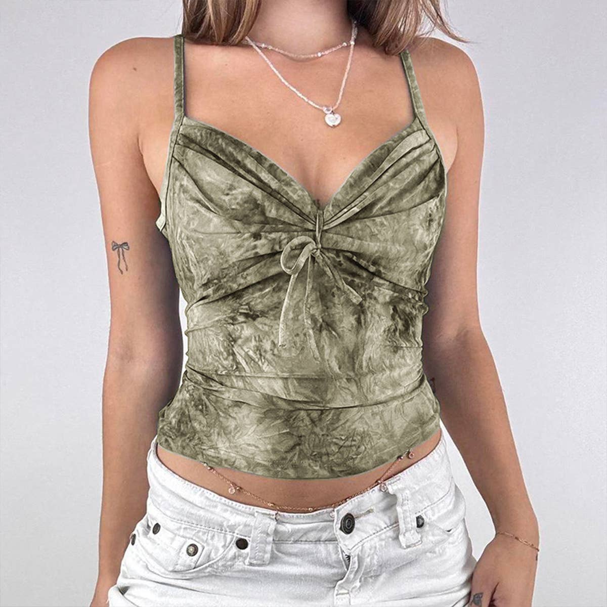 Vintage Tie-Dye Bow Pleated Bust V-Neck Halter