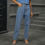 PEARL EMBELLISHED JEANS WASHED STRAIGHT LEG_CWJP0614
