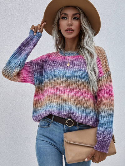 Pullover Striped Crew Neck Loose Rainbow Sweater