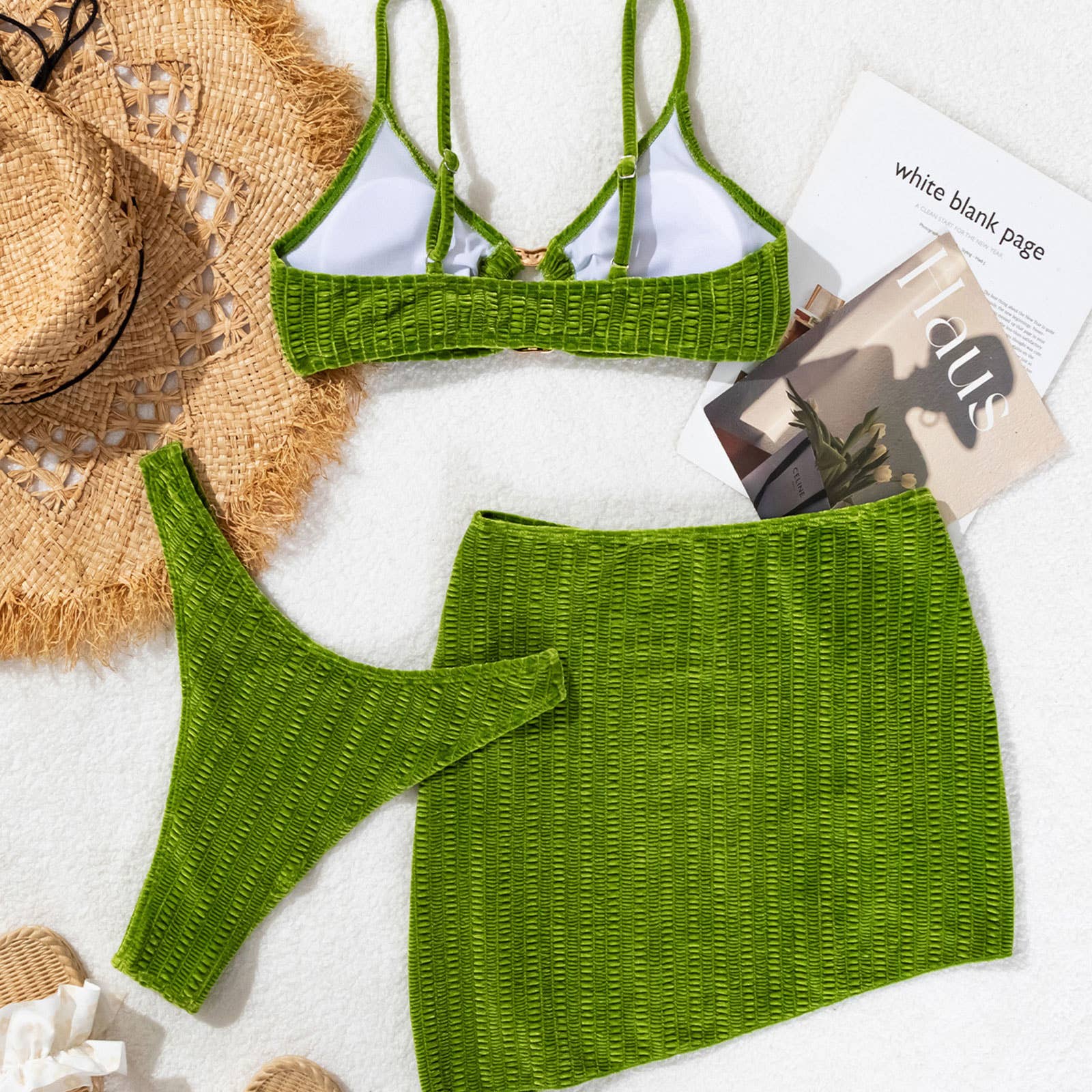 METAL RING BIKINI SET GREEN 3 PIECE SWIMSUIT_CWMW0720