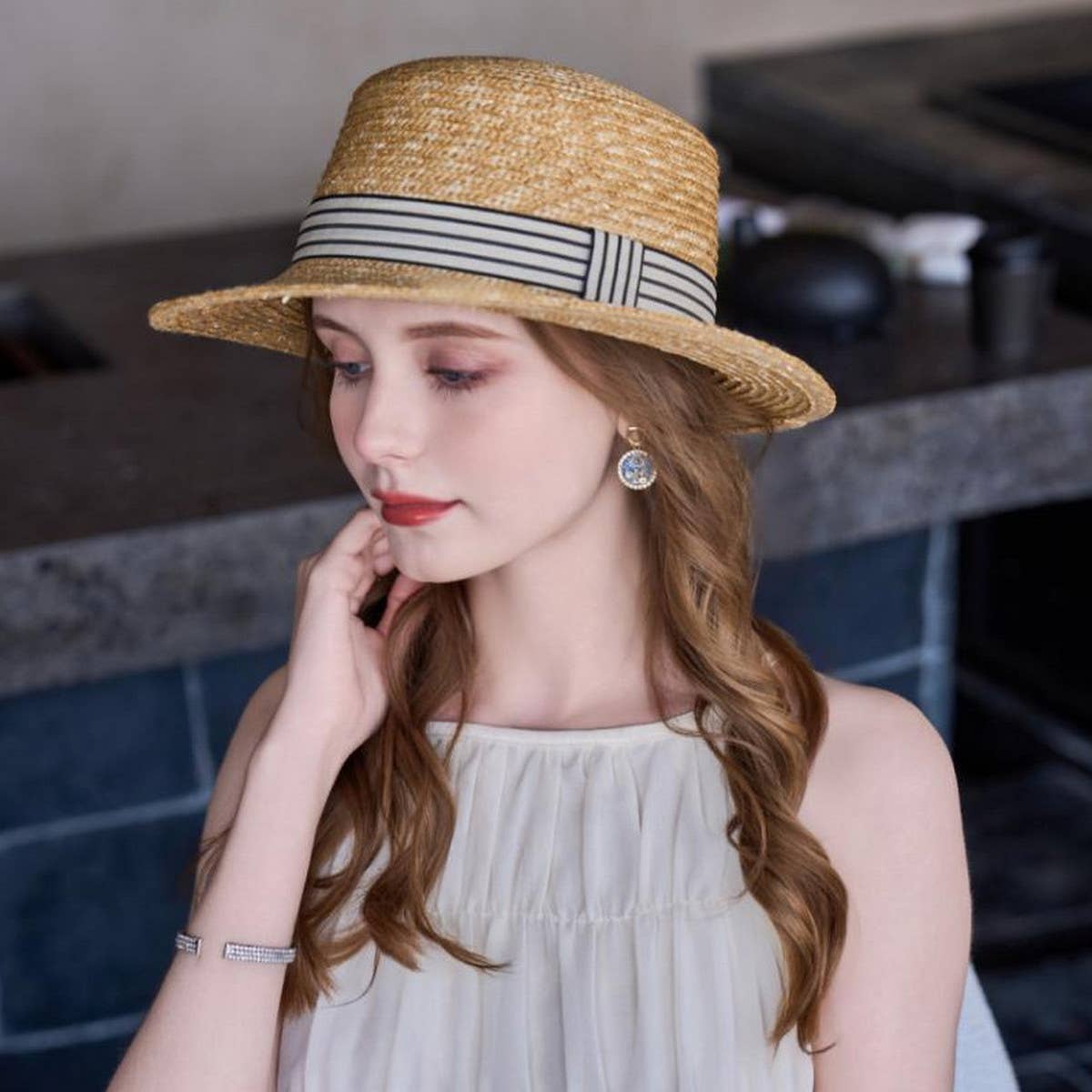 SIMPLE SUN PROTECTION FLAT TOP BEACH HAT STRAW HAT_CWAH1331