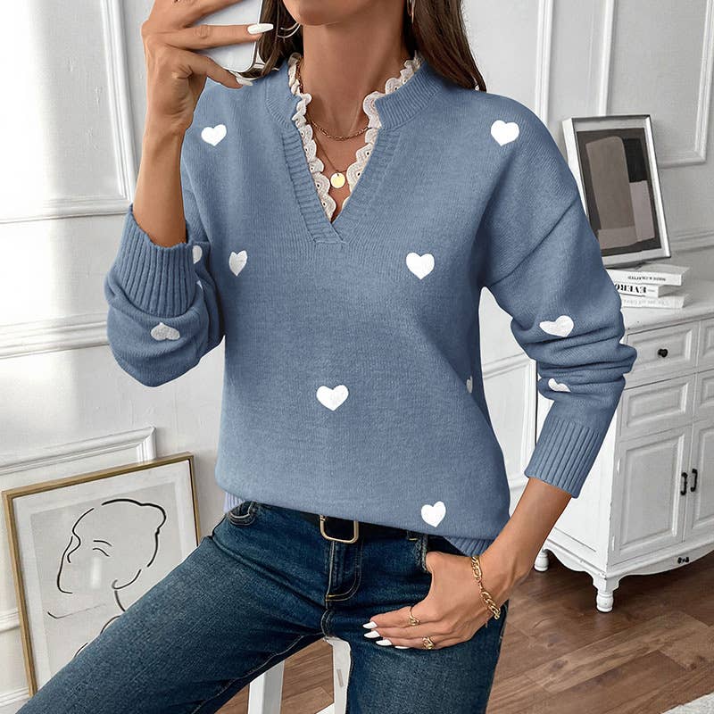 Valentines Day V-Neck Lace Knitted Sweater