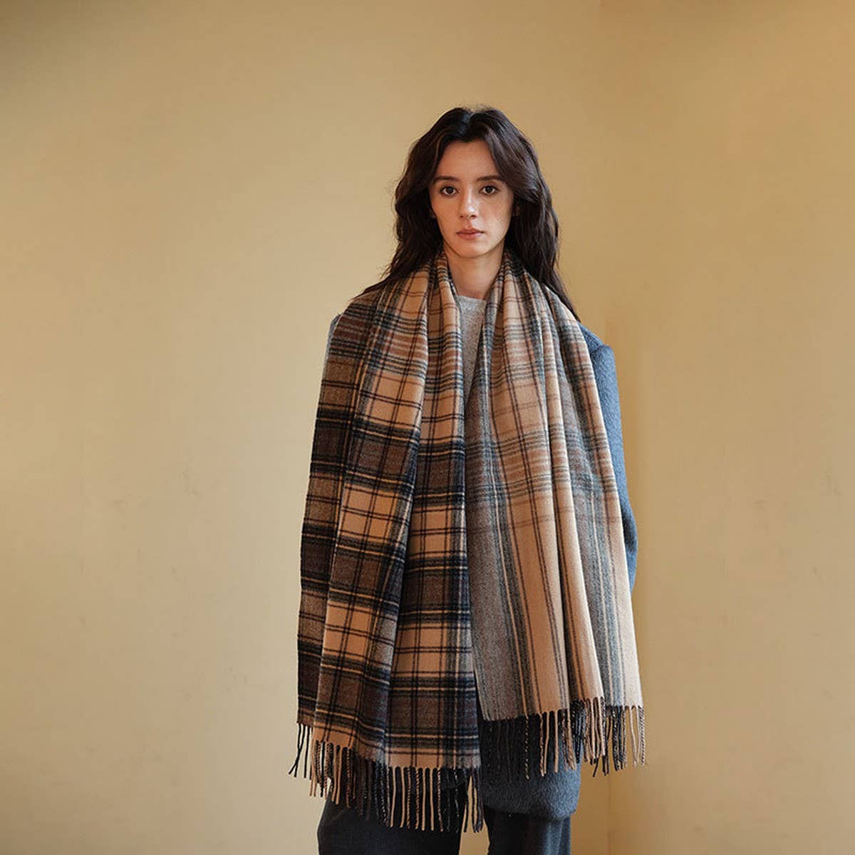 MELANGE CHECK WOOL SCARF DOUBLE SIDED SHAWL UNISEX_CWASC2350