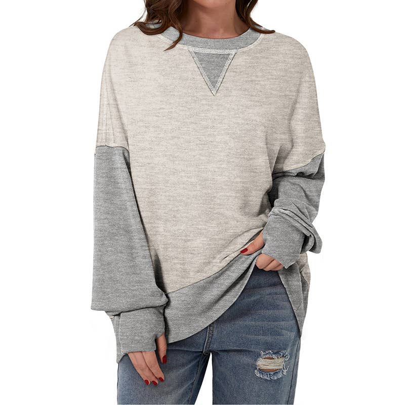 Two-Tone Round-Neck Loose Pullover Hoodie