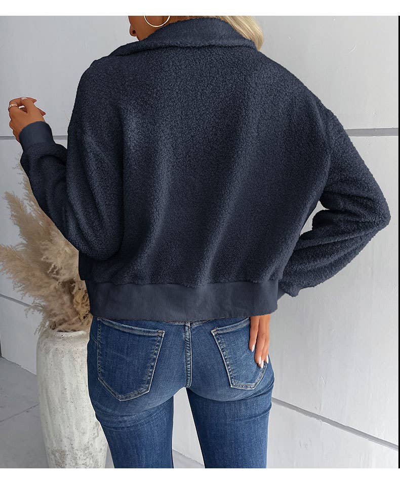 Solid-Color Polar Fleece Lapel Zipper Jacket