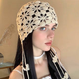 Boho Crochet Beanie ? Floral Tassel Knit Hat_Cwah04324