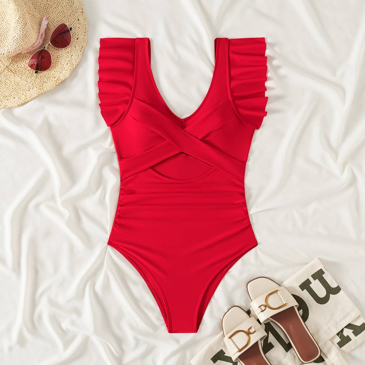 RUFFLED SMALL FLYING SLEEVE TUMMY CONTROL SWIMSUIT_CWMW0621