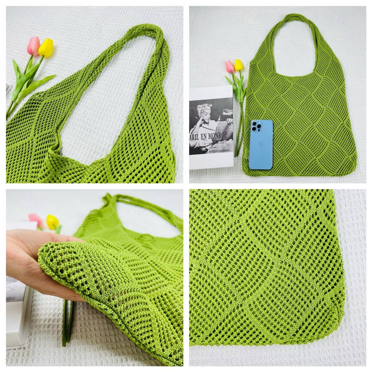 Cwab4575_Solid Knit Hollow Woven Shoulder Tote Bag