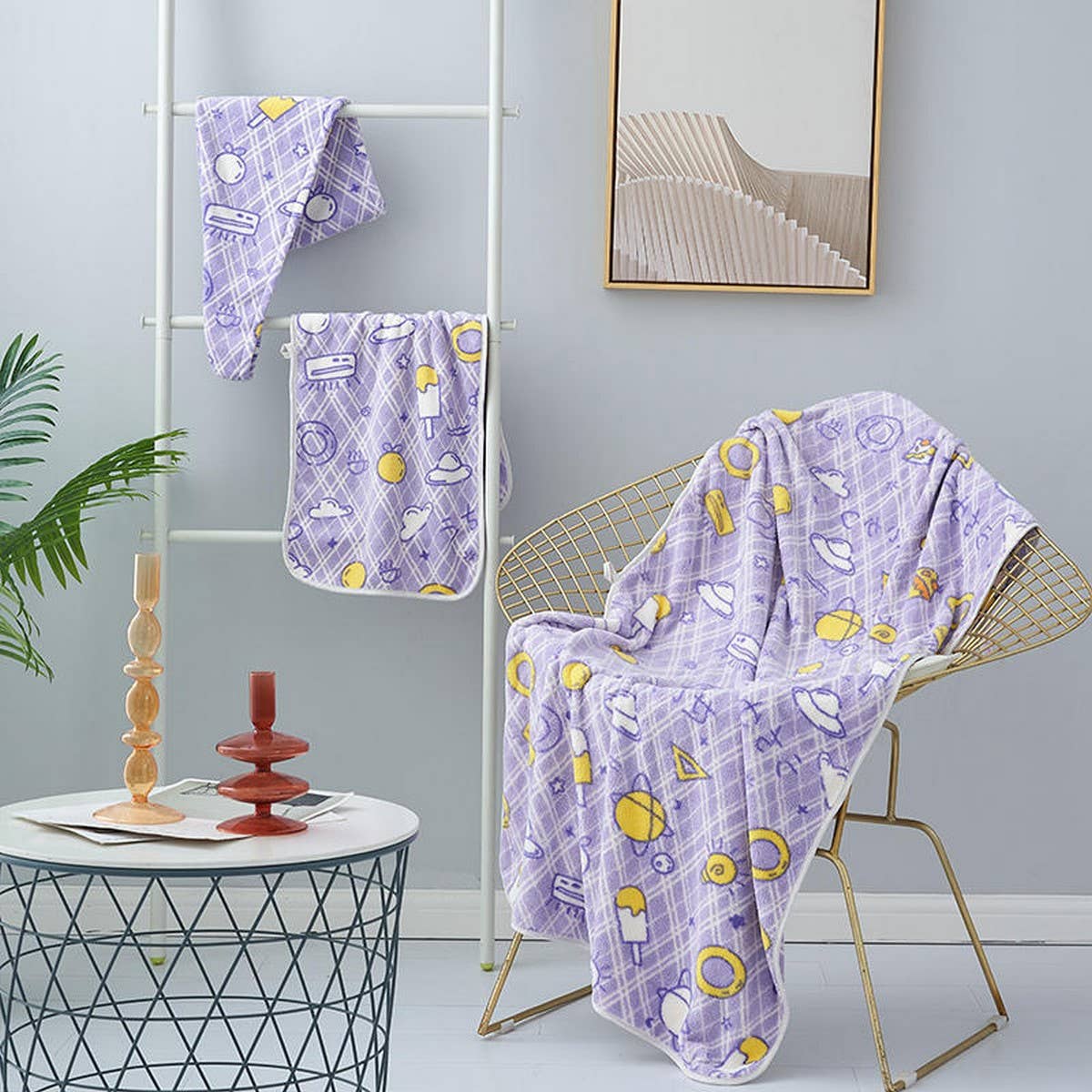 CORAL FLEECE PRINTED SHOWER CAP TOWEL BATH TOWEL_CWMM2326