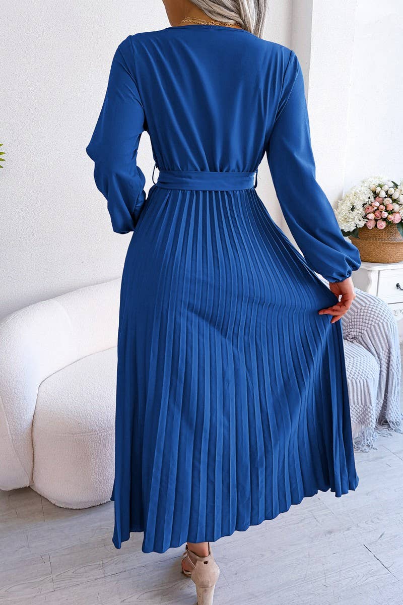 Solid V Neck Pleated Long Skirt_Cwdmd0762