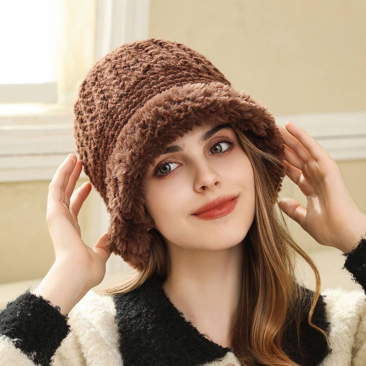 PLUSH FUZZY KNIT BUCKET HAT WITH EAR COVERAGE_CWAH1979