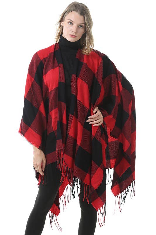 PLAID PATTERN PONCHOS CAPES COLOR BLOCK SHAWL WRAP_CWASC004