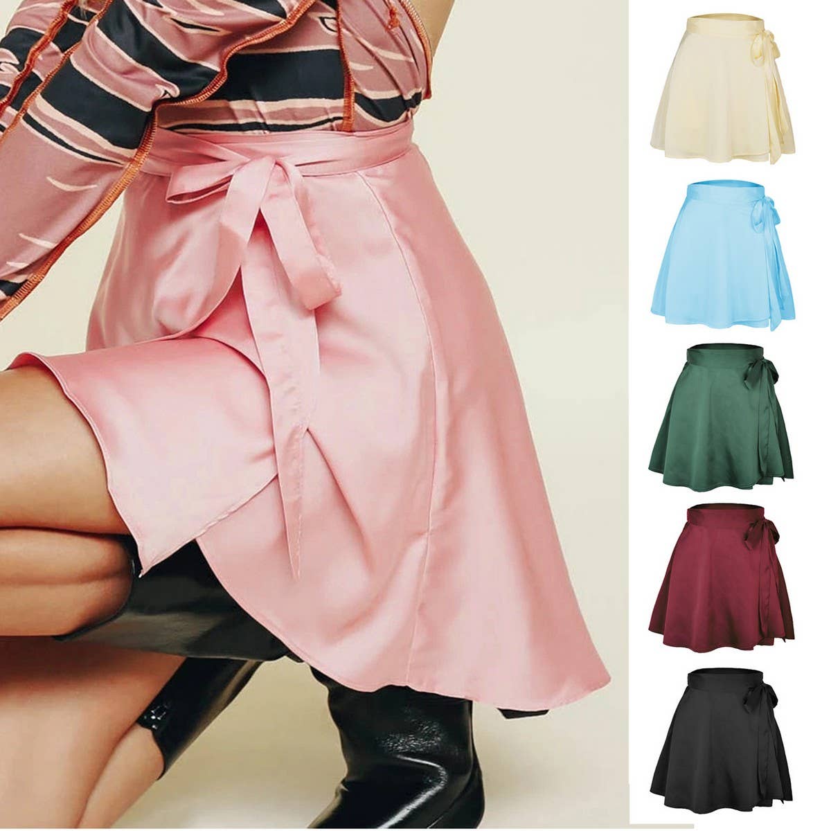 SOLID COLOR SKIRT HIGH WAIST LACE UP SHORT SKIRT_CWAB4789
