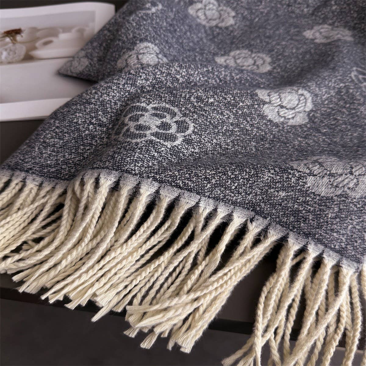 Elegant Camellia Cashmere Feel Tassel Scarf Wrap_Cwasc03244