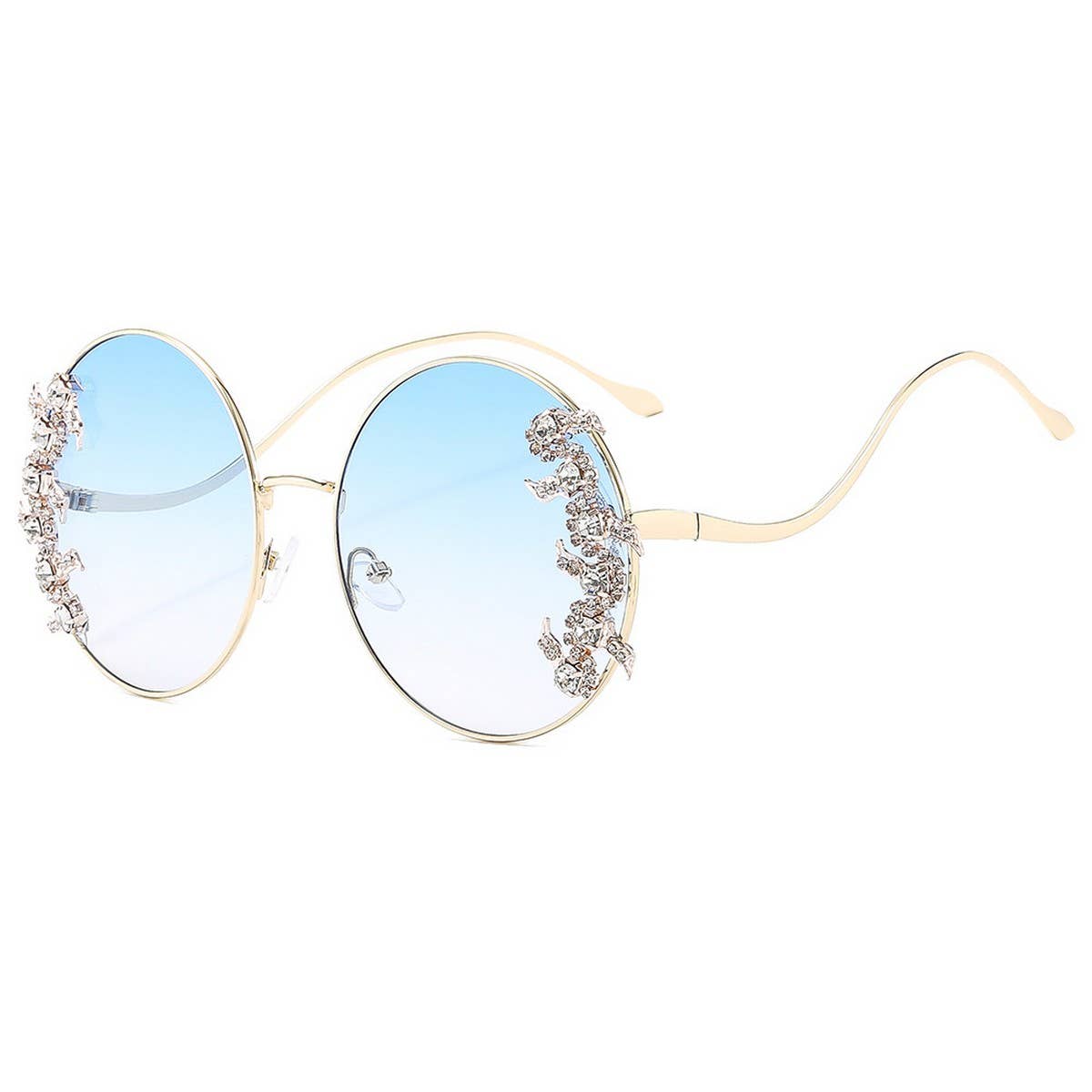 LUXURY RHINESTONE WAVE METAL LEG ROUND SUNGLASSES_CWASG1188