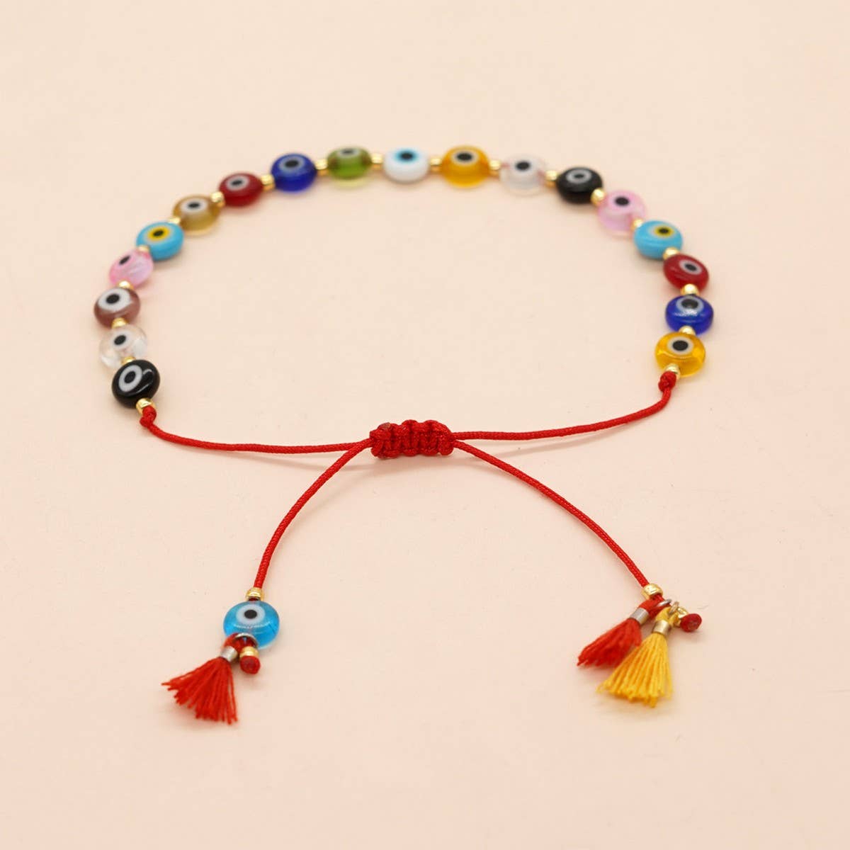 MIXED COLOR GLASS DISC EYE SMALL TASSEL BRACELET_CWMM3855