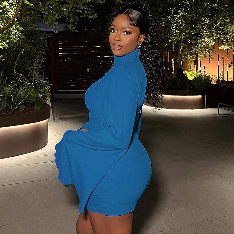 Stylish Turtleneck Solid Color Wrap Hip Dress