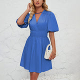 V-Neck Puffy Sleeve Pleated High-Waisted Dress
