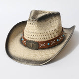 Vintage Hollow Out Straw Cowboy Beach Hat_Cwah3656