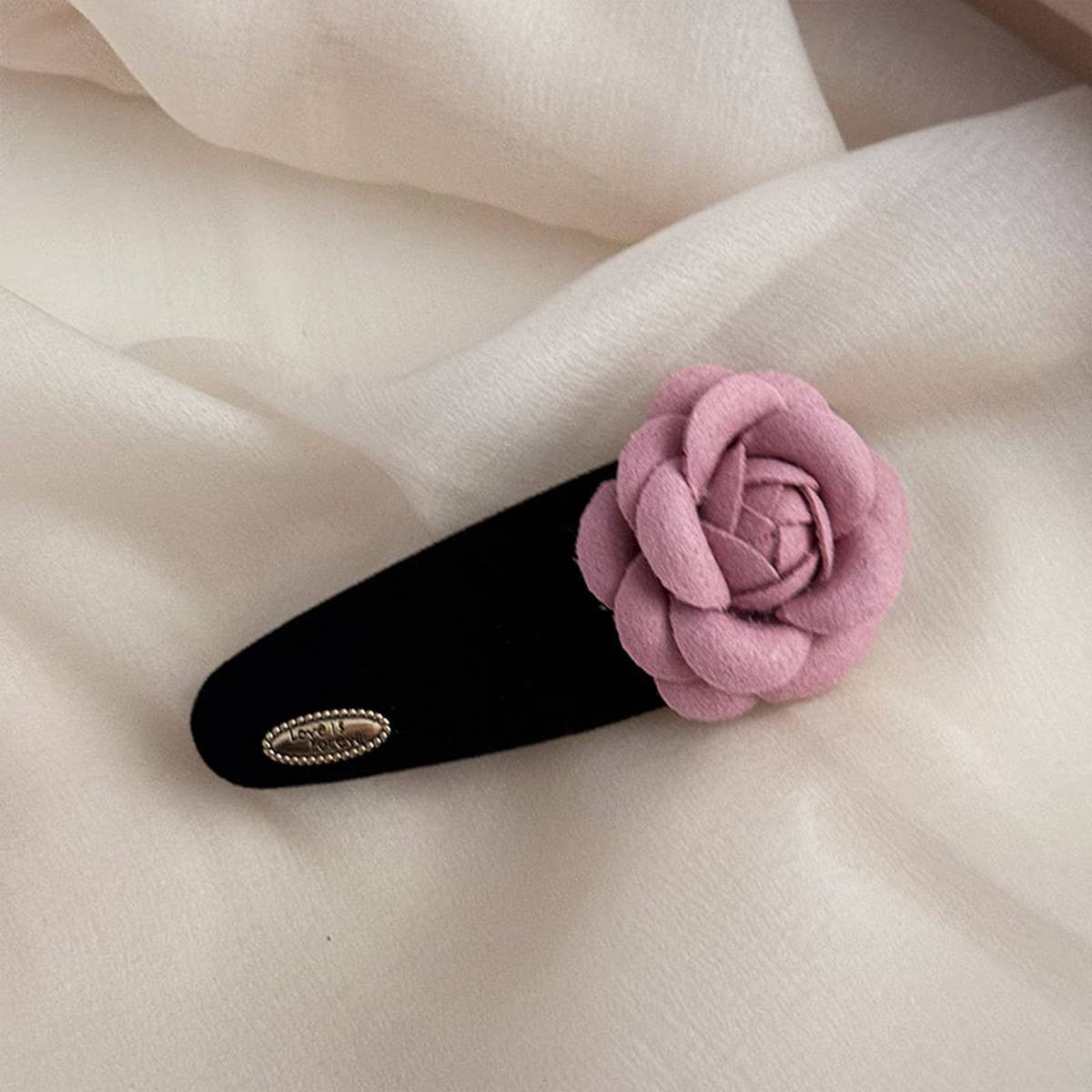 NEW BLACK VELVET PINK CAMELLIA HAIRPIN_CWAHA4658