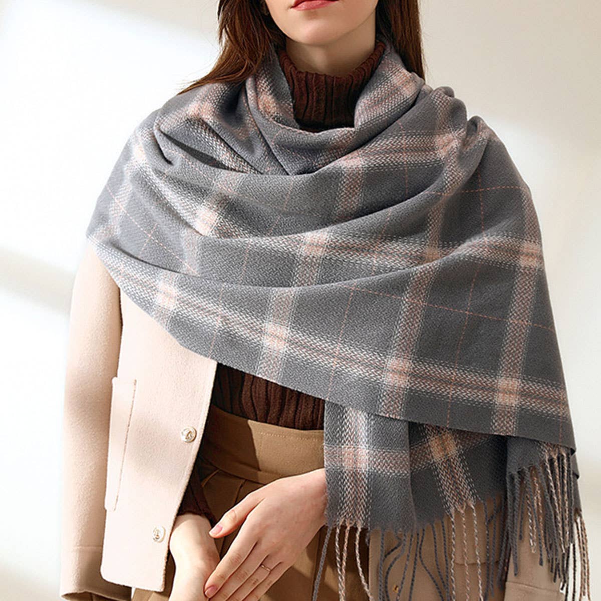 PLAID FAUX CASHMERE SCARF TASSEL WINTER SHAWL_CWASC0218