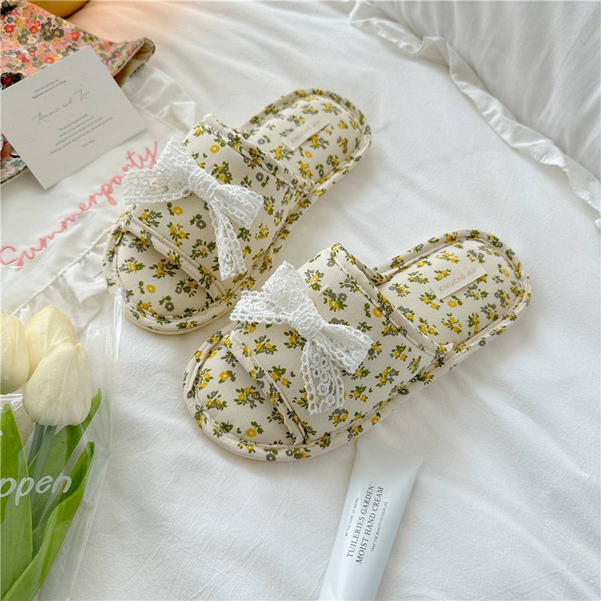 LACE BOW SMALL FLORAL THICK SOLED HOME SLIPPERS_CWMM2983