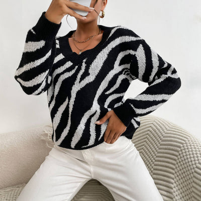 Stylish Zebra-Print Warm Thick Knit Sweater