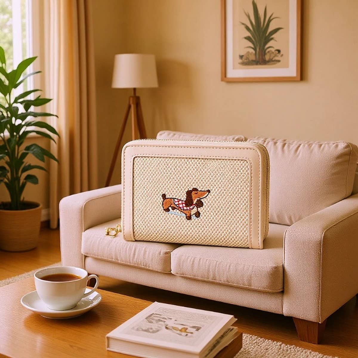 Cute Embroidered Dachshund Zip Bifold Wallet_Cwab06201