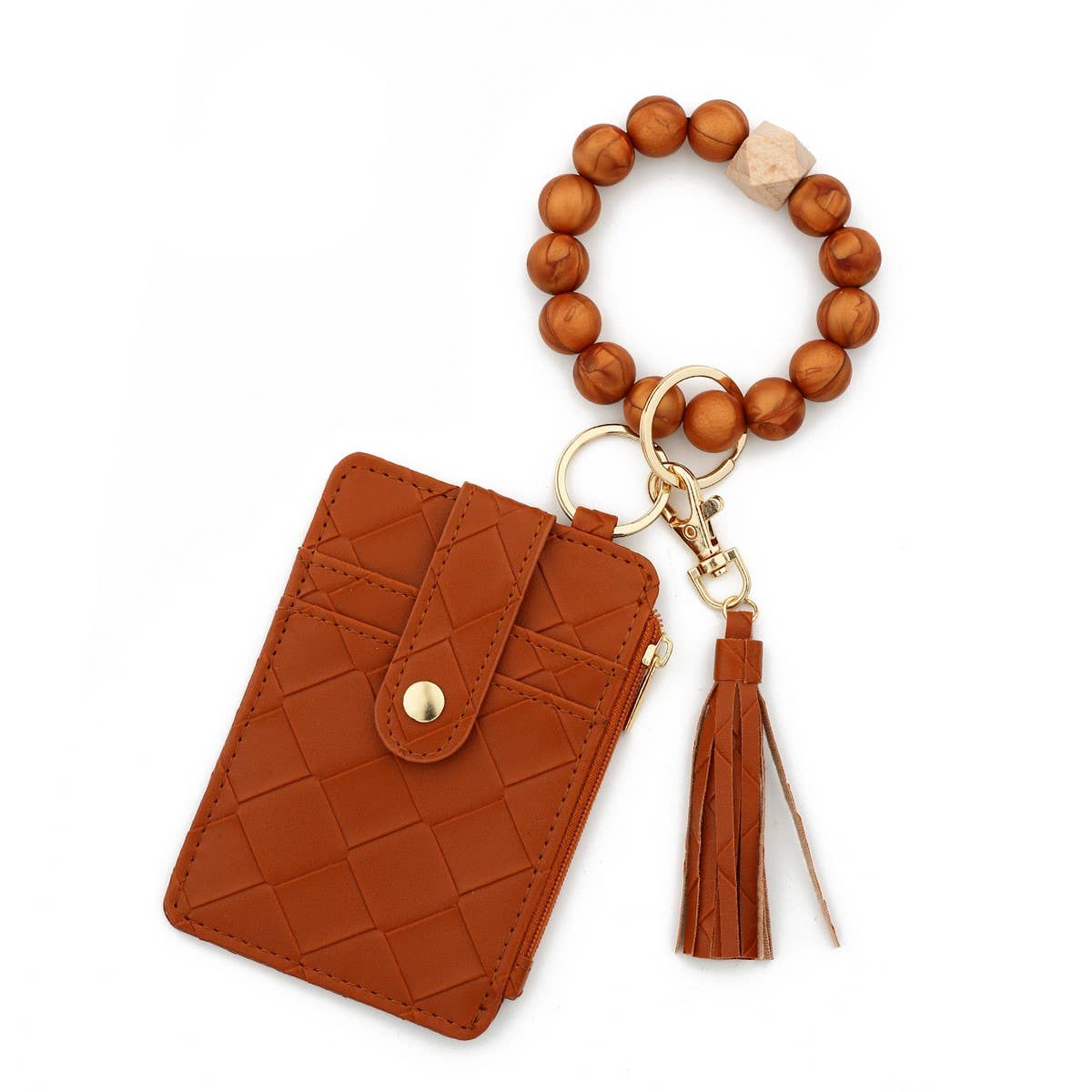 CHECKERED PU CARD WALLETWITH BEAD BRACELET KEYCHAIN_CWAB4958