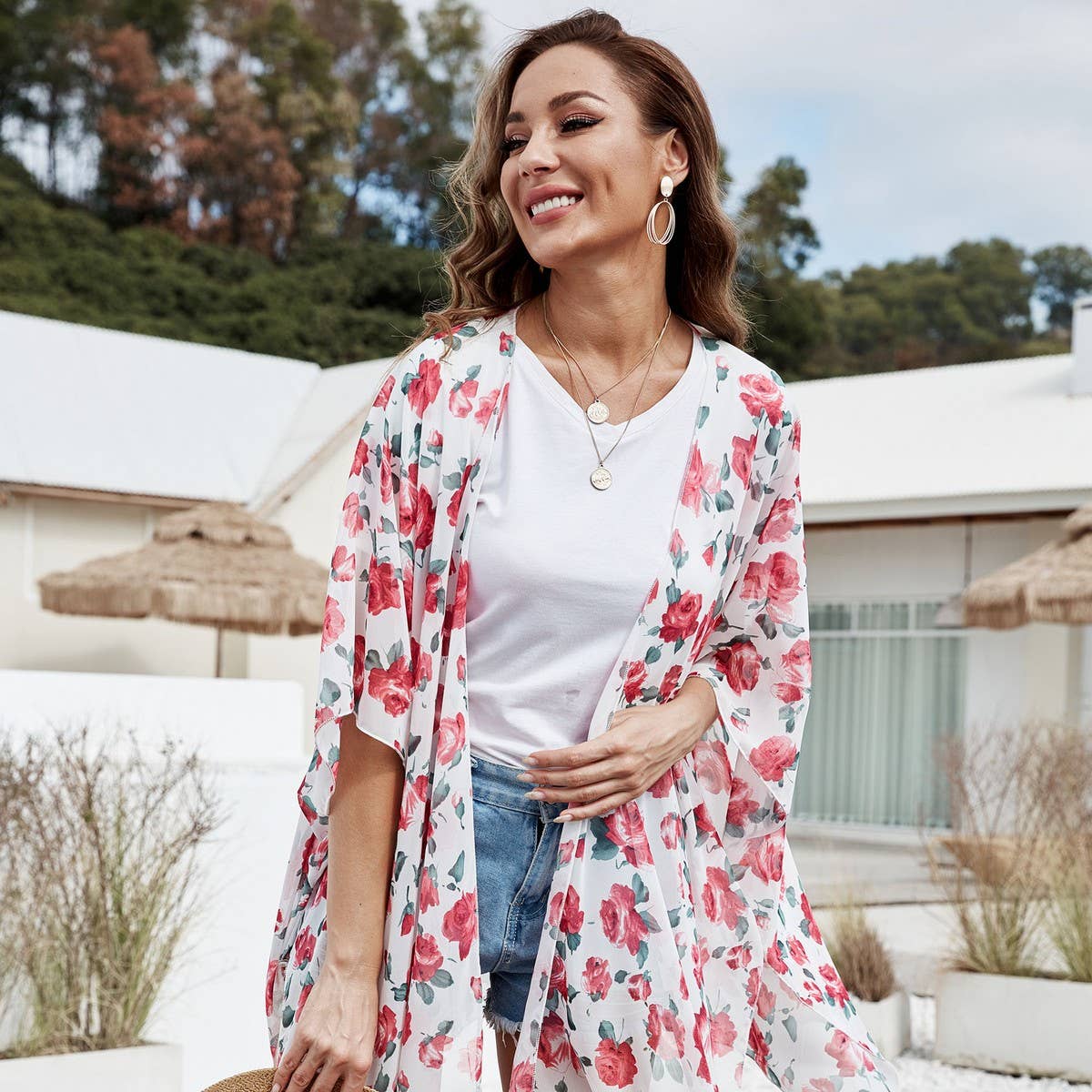 FLORAL PRINT FRONT OPEN KIMONO FOR SUMMER VACATION_CWASC0780