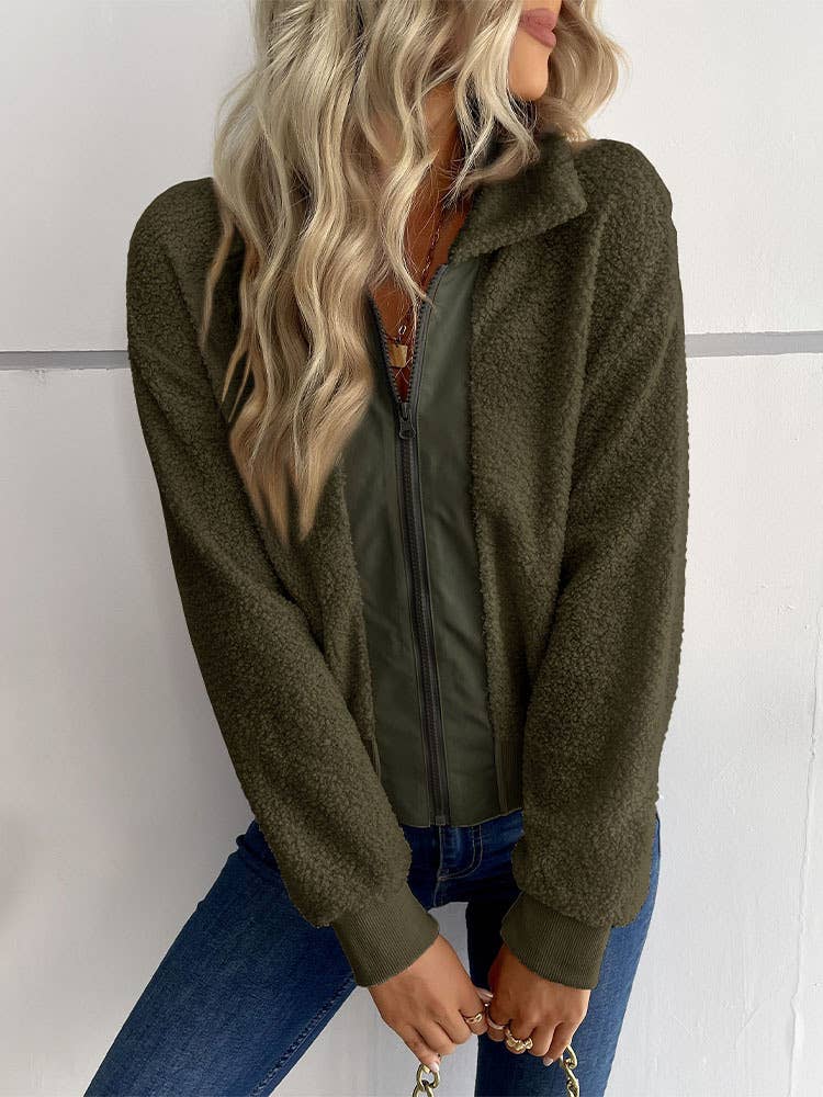 Solid-Color Polar Fleece Lapel Zipper Jacket